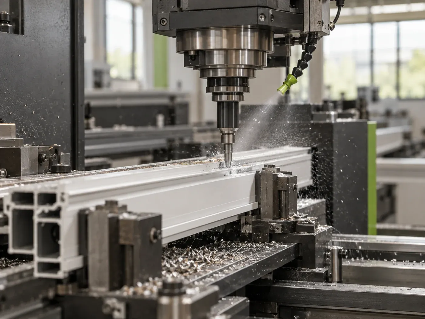 Immagine generata: centro di lavoro CNC durante la fresatura di un profilo in alluminio