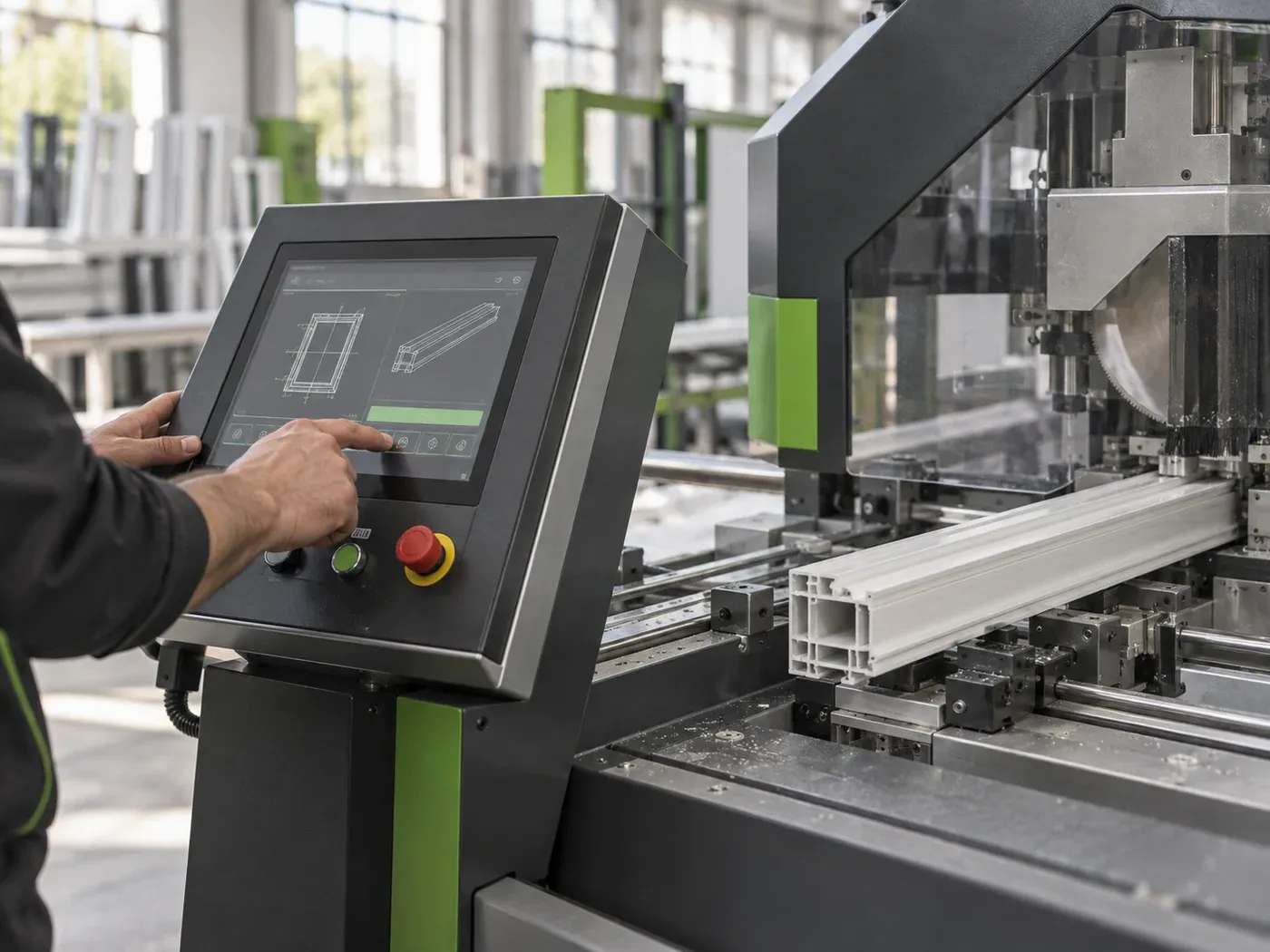 Immagine generata: mani di un operatore sul pannello di controllo di una macchina CNC per profili in PVC